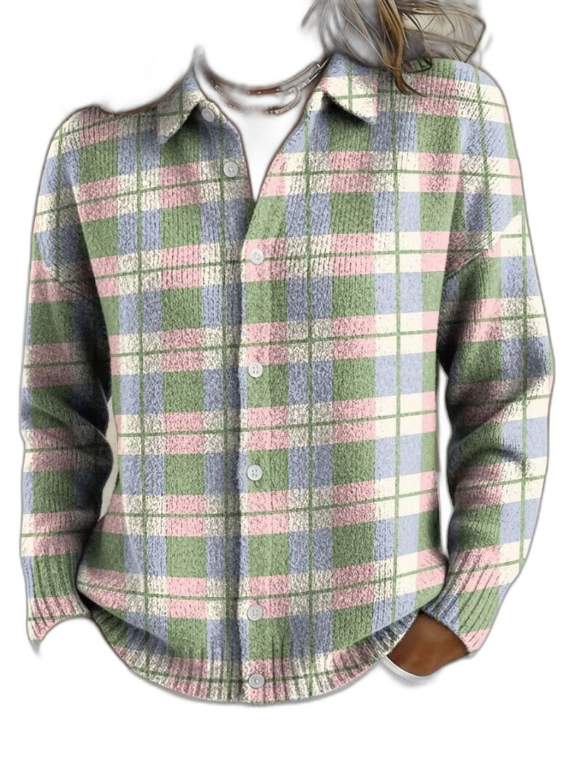 Effortless Plaid Shirt for Women with Knit Collared Long Sleeve Button Front Casual Style