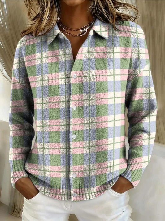 Effortless Plaid Shirt for Women with Knit Collared Long Sleeve Button Front Casual Style
