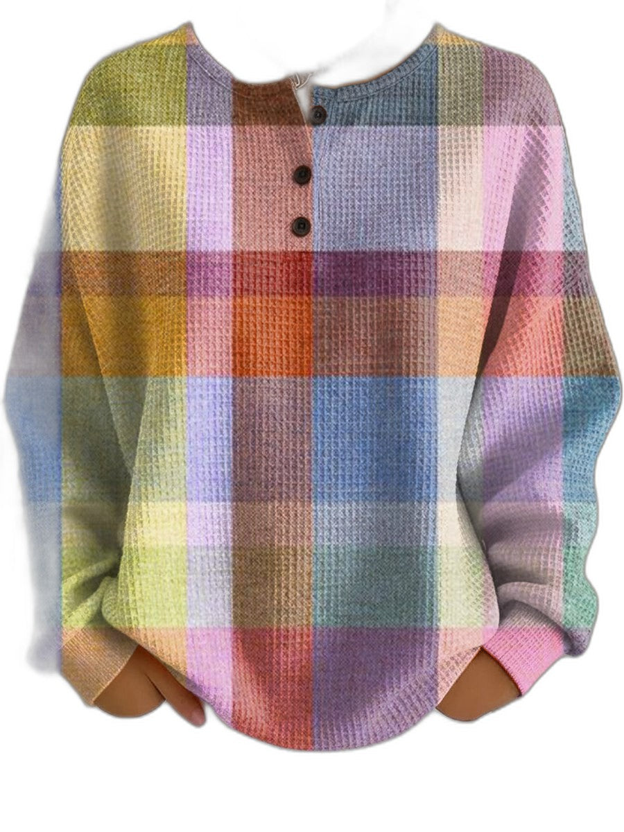 Effortless Plaid Sweater for Women with Crew Neck Long Sleeve Button Front Oversized Casual Style