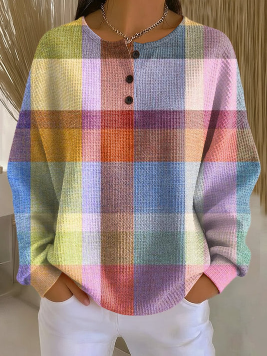 Effortless Plaid Sweater for Women with Crew Neck Long Sleeve Button Front Oversized Casual Style