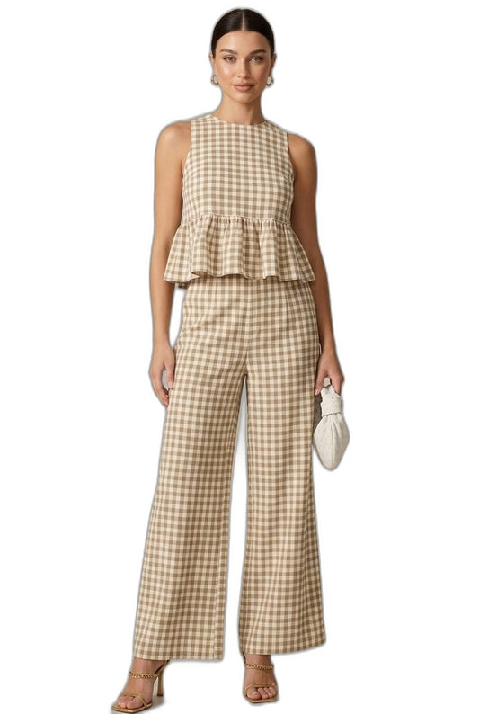 Effortless Plaid Two Piece Set for Women with Wide Leg Peplum Casual Style