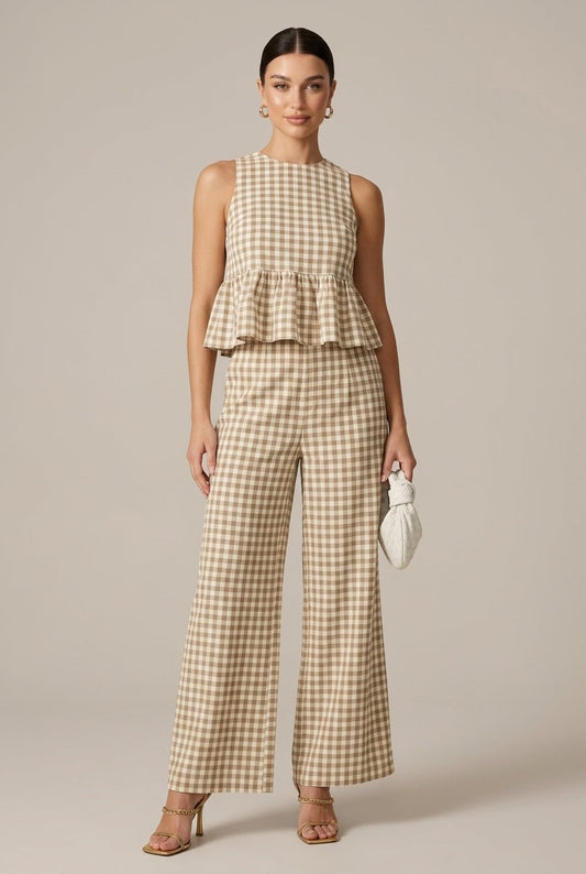 Effortless Plaid Two Piece Set for Women with Wide Leg Peplum Casual Style