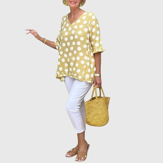 Effortless Polka Dot Blouse for Women with V Neck Elbow Sleeve Flowing Casual Style