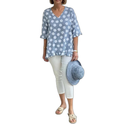 Effortless Polka Dot Blouse for Women with V Neck Elbow Sleeve Flowing Casual Style