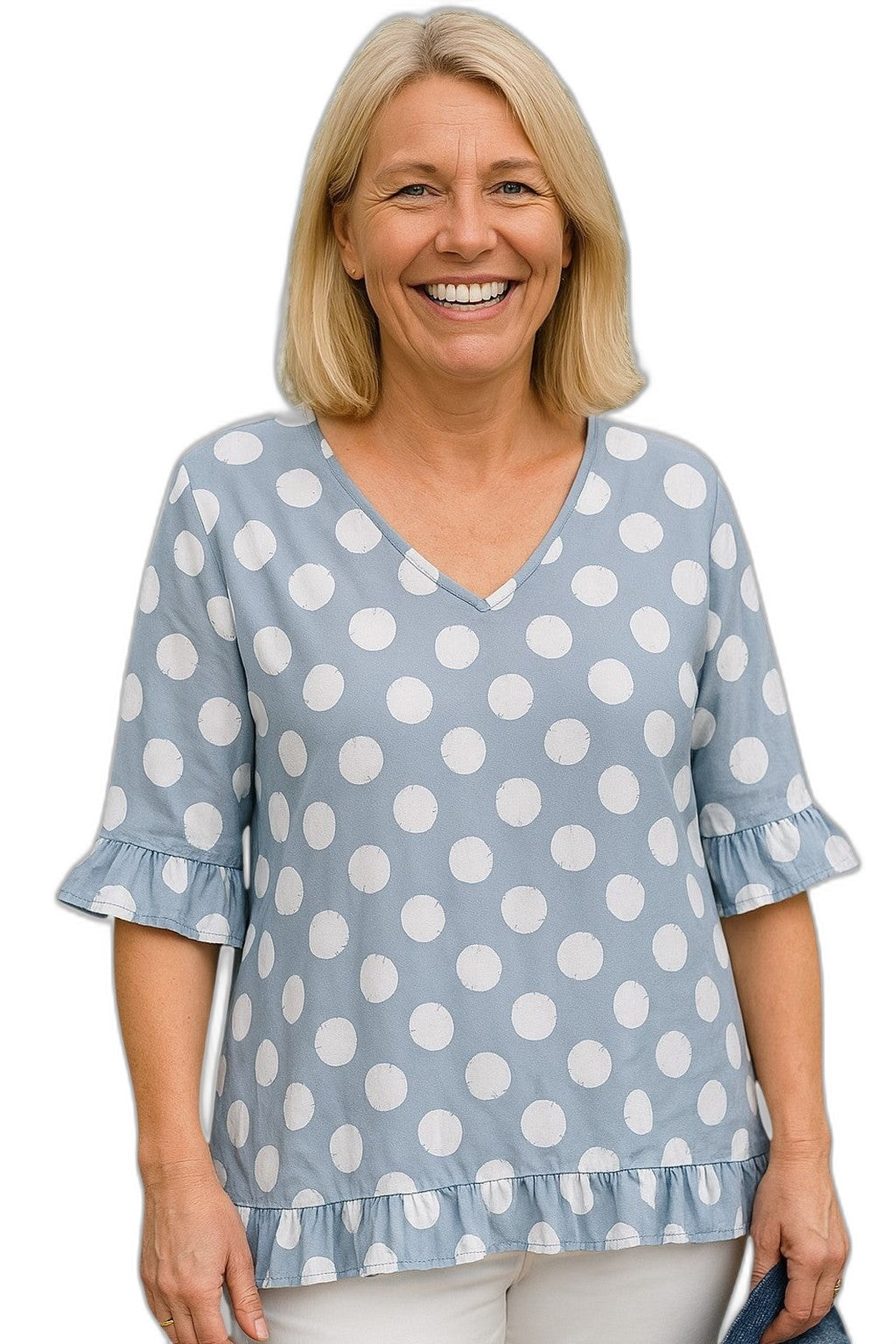 Effortless Polka Dot Blouse for Women with V Neck Elbow Sleeve Flowing Casual Style