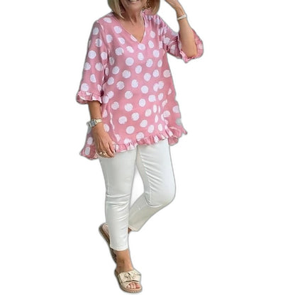 Effortless Polka Dot Blouse for Women with V Neck Elbow Sleeve Ruffle Flowing Casual Style