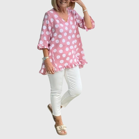 Effortless Polka Dot Blouse for Women with V Neck Elbow Sleeve Ruffle Flowing Casual Style