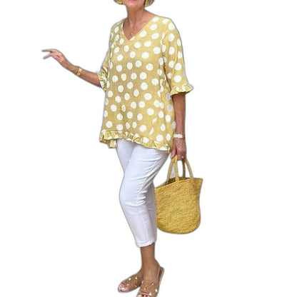 Effortless Polka Dot Blouse for Women with V Neck Elbow Sleeve Ruffle Flowing Casual Style