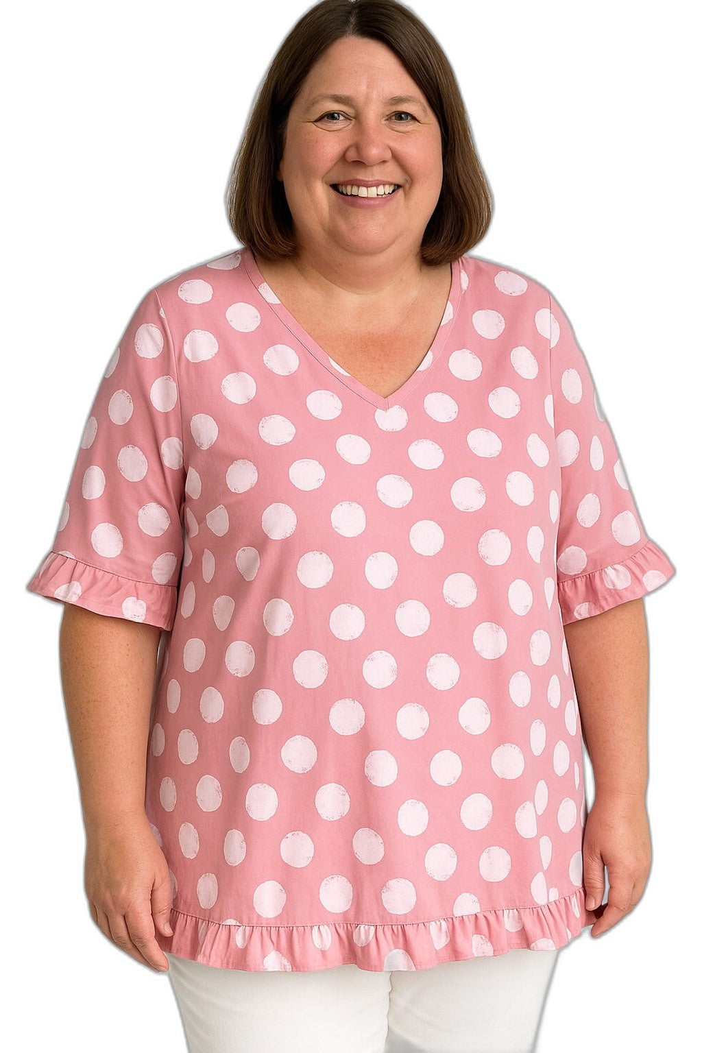 Effortless Polka Dot Blouse for Women with V Neck Elbow Sleeve Ruffle Flowing Casual Style
