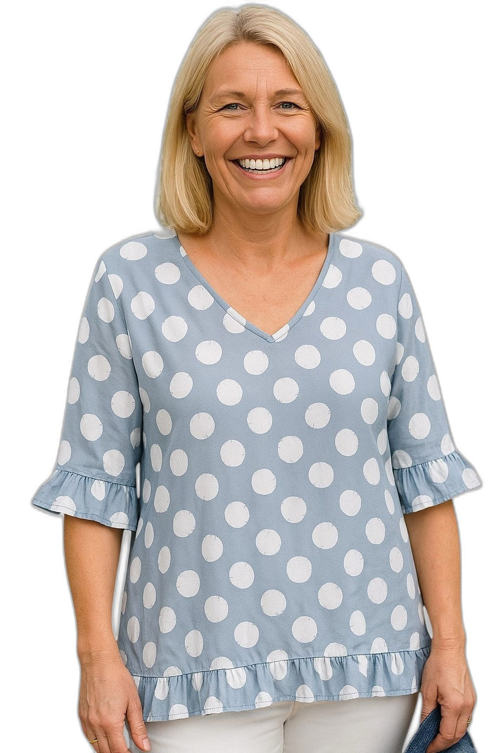 Effortless Polka Dot Blouse for Women with V Neck Elbow Sleeve Ruffle Flowing Casual Style