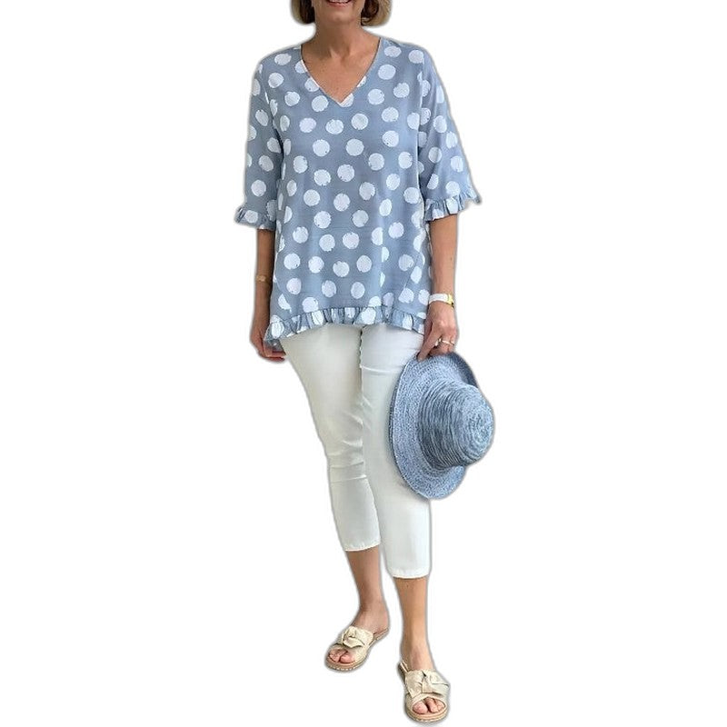 Effortless Polka Dot Blouse for Women with V Neck Short Sleeve Ruffle Flowing Casual Style