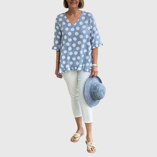 Effortless Polka Dot Blouse for Women with V Neck Short Sleeve Ruffle Flowing Casual Style