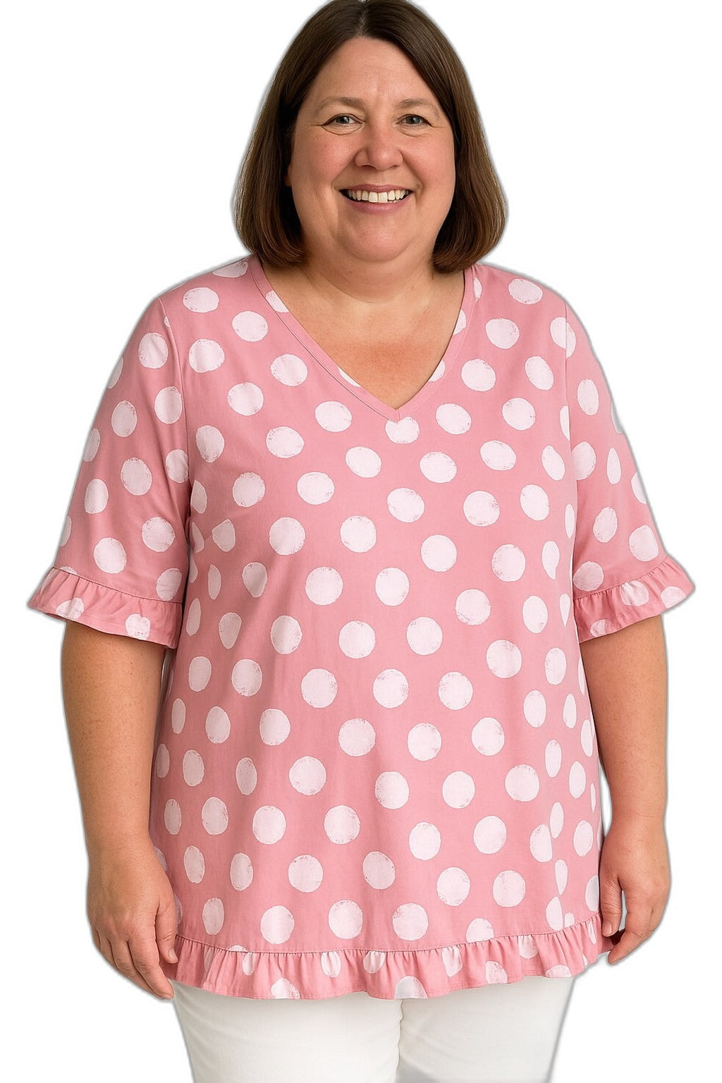 Effortless Polka Dot Blouse for Women with V Neck Short Sleeve Ruffle Flowing Casual Style