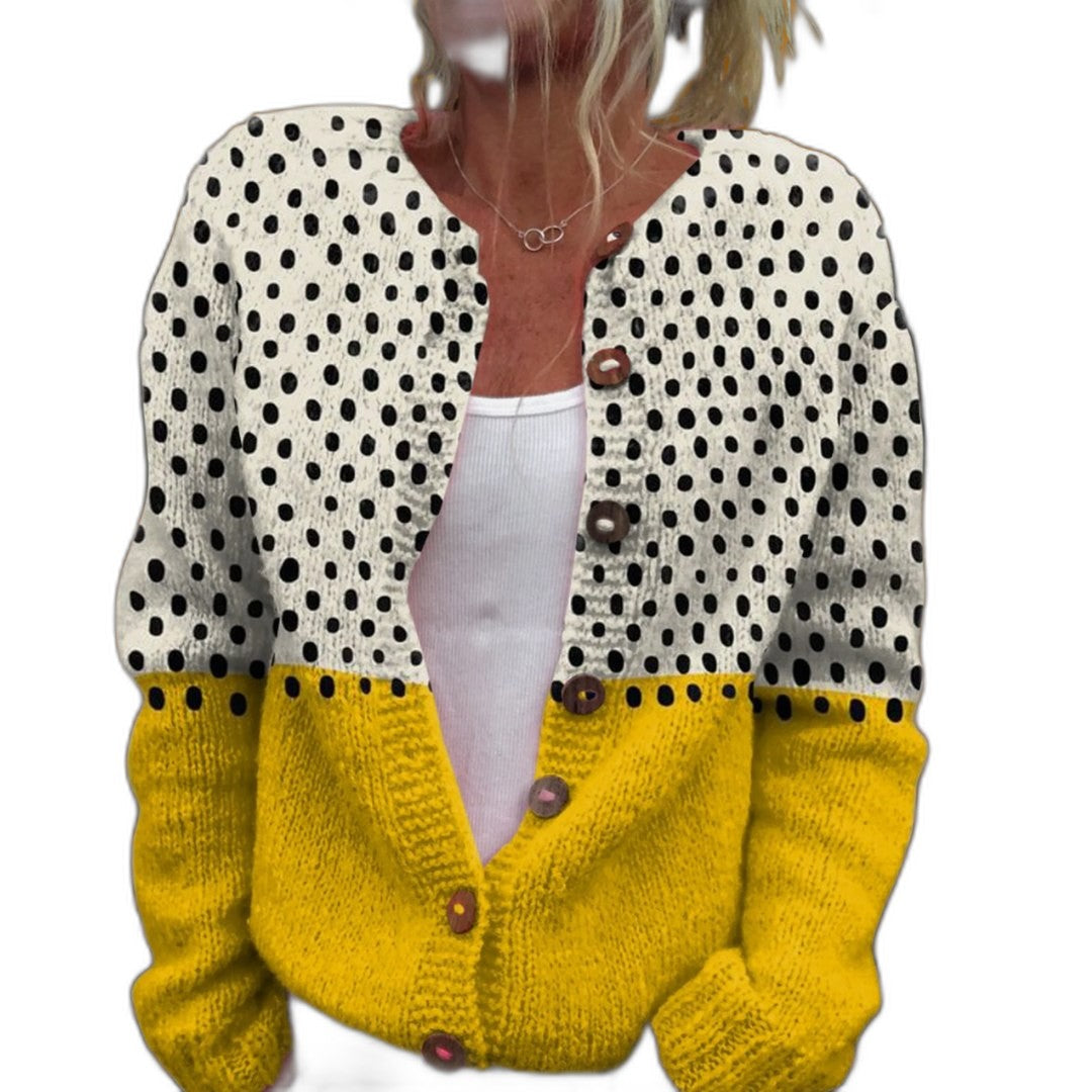 Effortless Polka Dot Cardigan Sweater for Women with Crew Neck Long Sleeve Button Front Casual Style