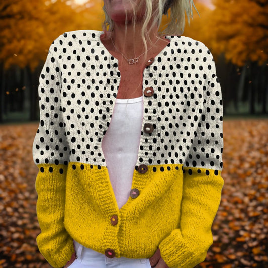 Effortless Polka Dot Cardigan Sweater for Women with Crew Neck Long Sleeve Button Front Casual Style
