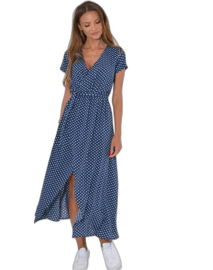 Effortless Polka Dot Maxi Dress for Women with V Neck Short Sleeve Wrap Flowing Casual Style