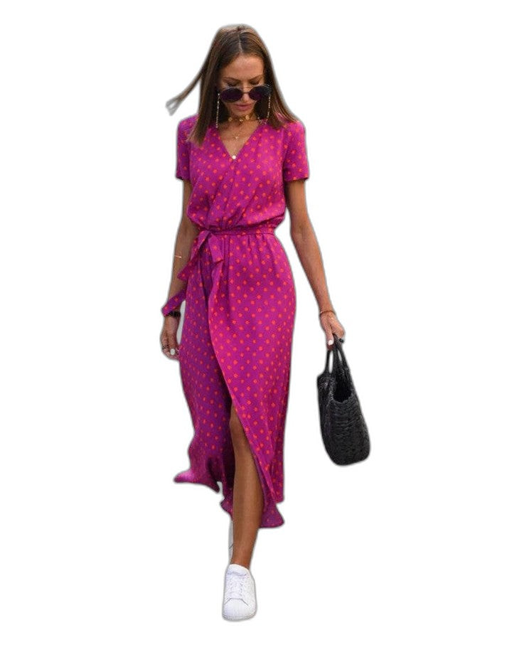 Effortless Polka Dot Maxi Dress for Women with V Neck Short Sleeve Wrap Flowing Casual Style