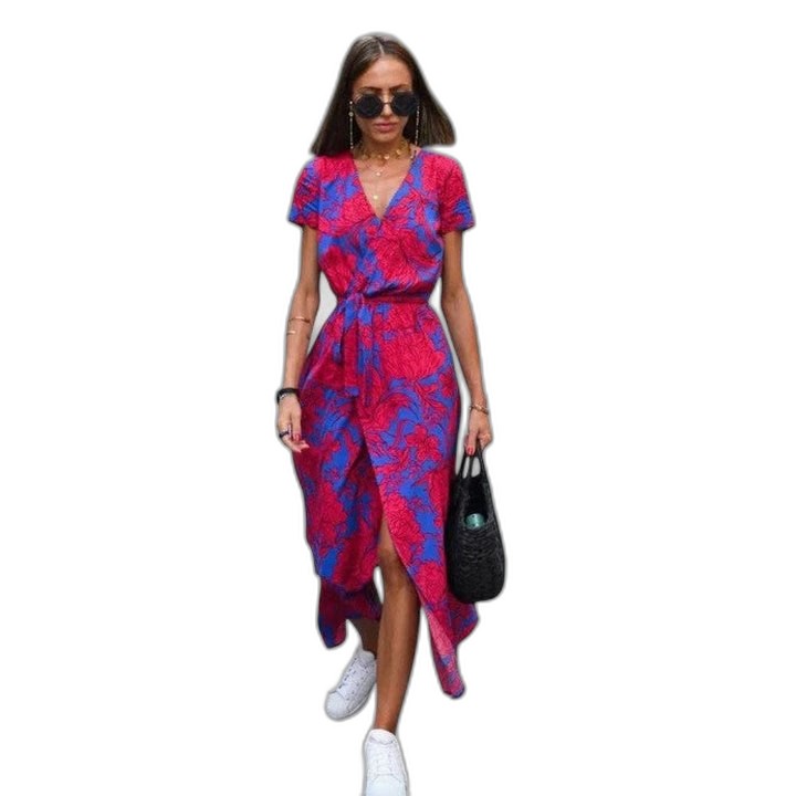 Effortless Polka Dot Maxi Dress for Women with V Neck Short Sleeve Wrap Flowing Casual Style