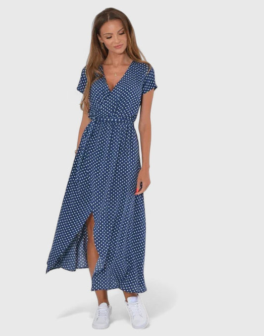 Effortless Polka Dot Maxi Dress for Women with V Neck Short Sleeve Wrap Flowing Casual Style
