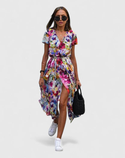 Effortless Polka Dot Maxi Dress for Women with V Neck Short Sleeve Wrap Flowing Casual Style