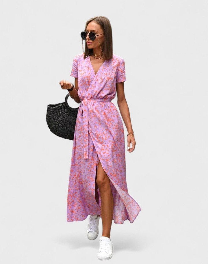 Effortless Polka Dot Maxi Dress for Women with V Neck Short Sleeve Wrap Flowing Casual Style