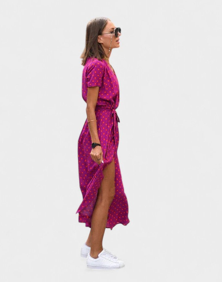 Effortless Polka Dot Maxi Dress for Women with V Neck Short Sleeve Wrap Flowing Casual Style