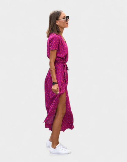 Effortless Polka Dot Maxi Dress for Women with V Neck Short Sleeve Wrap Flowing Casual Style