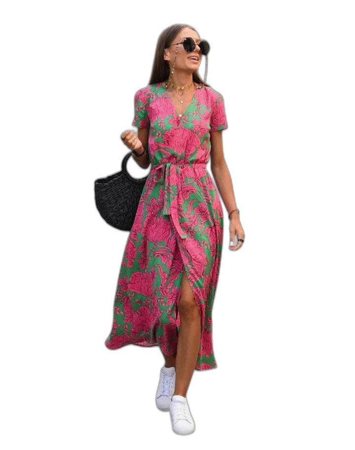 Effortless Polka Dot Maxi Dress for Women with V Neck Short Sleeve Wrap Flowing Casual Style