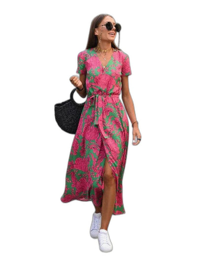 Effortless Polka Dot Maxi Dress for Women with V Neck Short Sleeve Wrap Flowing Casual Style
