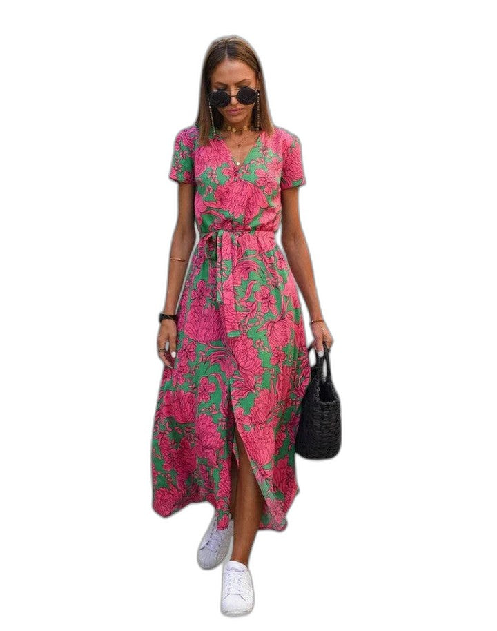 Effortless Polka Dot Maxi Dress for Women with V Neck Short Sleeve Wrap Flowing Casual Style