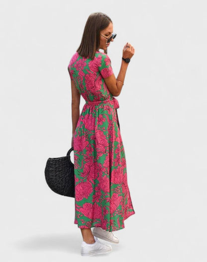 Effortless Polka Dot Maxi Dress for Women with V Neck Short Sleeve Wrap Flowing Casual Style