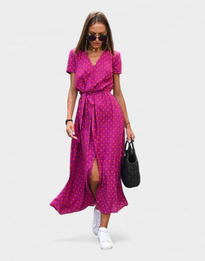 Effortless Polka Dot Maxi Dress for Women with V Neck Short Sleeve Wrap Flowing Casual Style