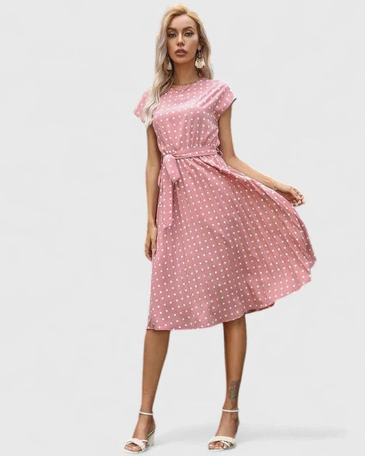 Effortless Polka Dot Midi Dress for Women with Crew Neck Short Sleeve A Line Belted Fit And Flare Casual Style