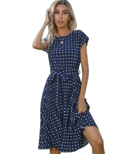 Effortless Polka Dot Midi Dress for Women with Crew Neck Short Sleeve A Line Belted Fit And Flare Casual Style