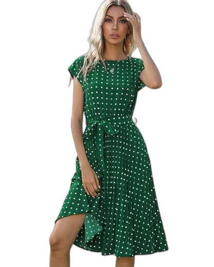 Effortless Polka Dot Midi Dress for Women with Crew Neck Short Sleeve A Line Belted Fit And Flare Casual Style
