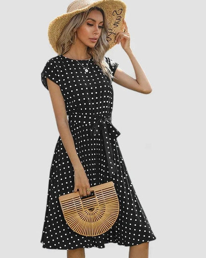 Effortless Polka Dot Midi Dress for Women with Crew Neck Short Sleeve A Line Belted Fit And Flare Casual Style