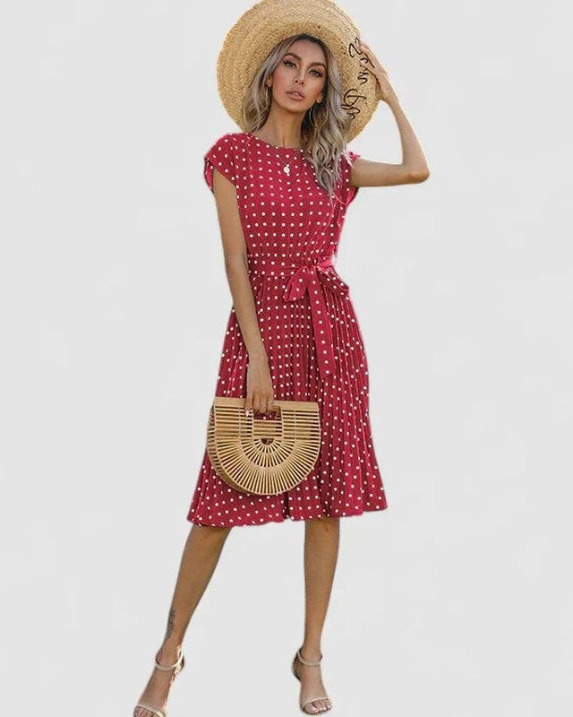 Effortless Polka Dot Midi Dress for Women with Crew Neck Short Sleeve A Line Belted Fit And Flare Casual Style