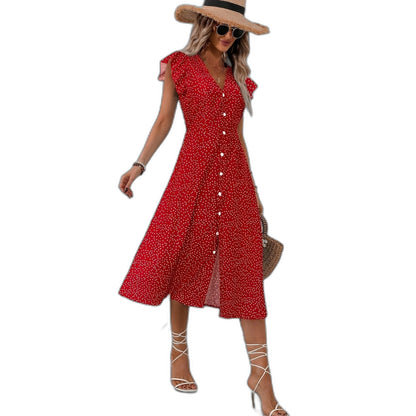Effortless Polka Dot Midi Dress for Women with V Neck Cap Sleeve A Line Button Front Flowing Casual Style