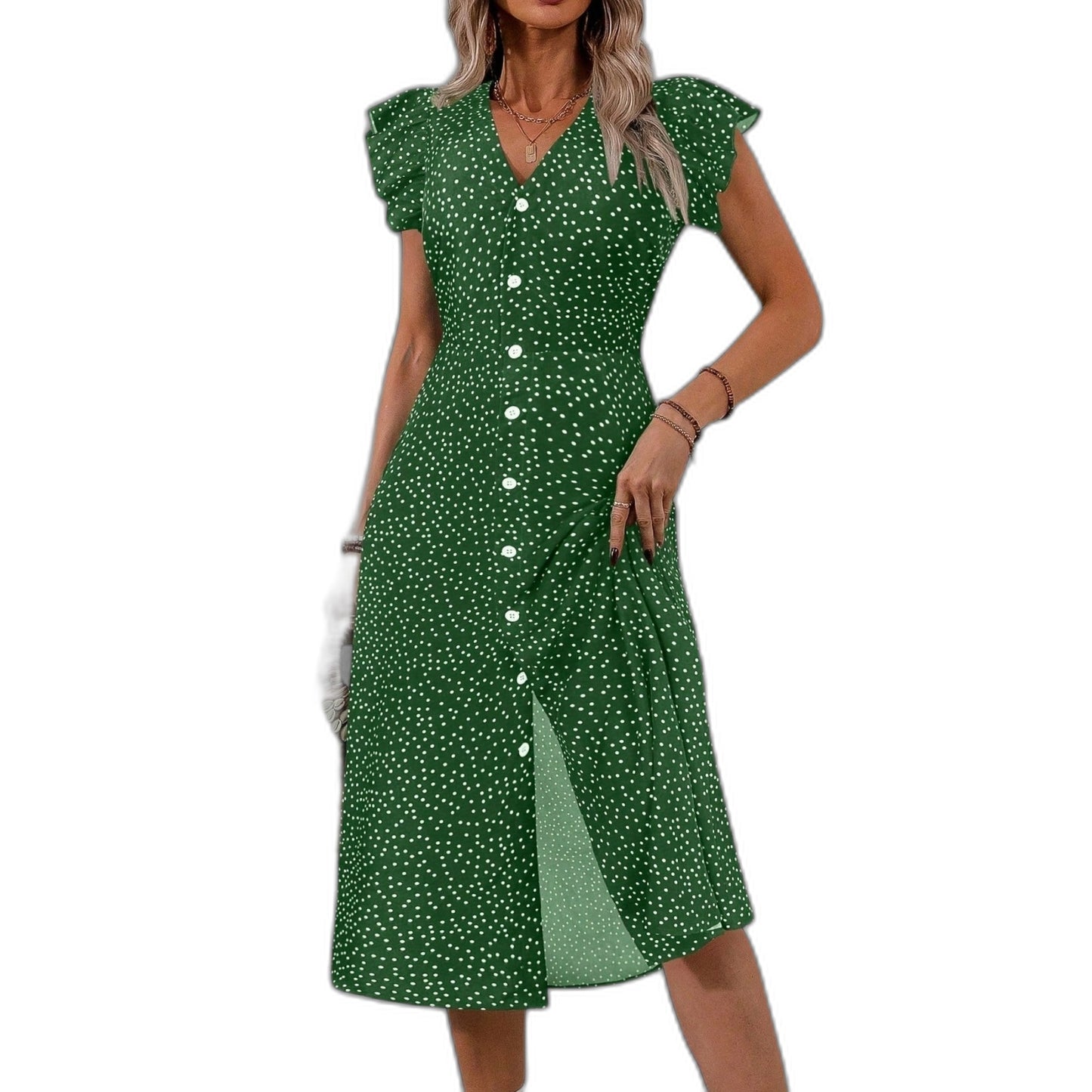 Effortless Polka Dot Midi Dress for Women with V Neck Cap Sleeve A Line Button Front Flowing Casual Style