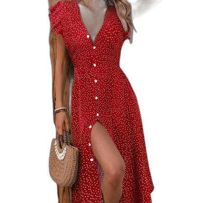 Effortless Polka Dot Midi Dress for Women with V Neck Cap Sleeve A Line Button Front Flowing Casual Style