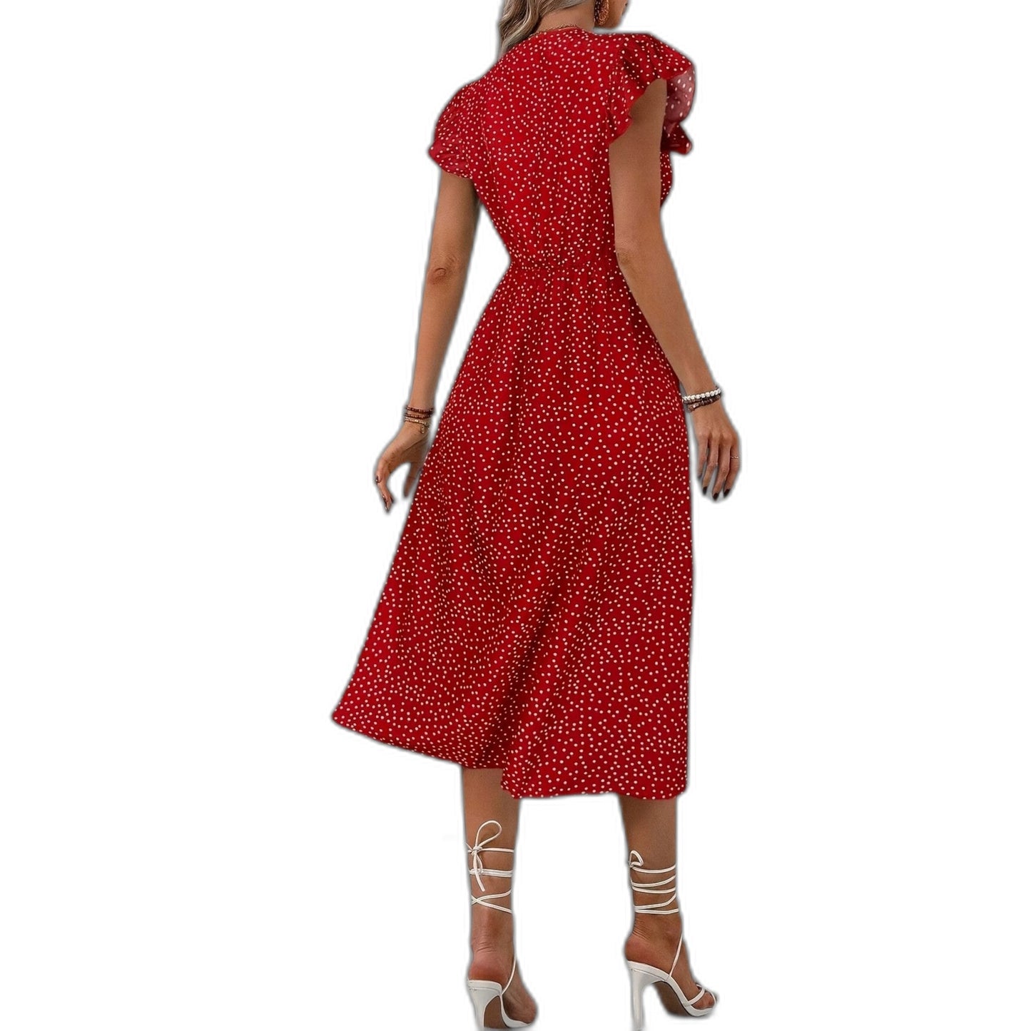 Effortless Polka Dot Midi Dress for Women with V Neck Cap Sleeve A Line Button Front Flowing Casual Style