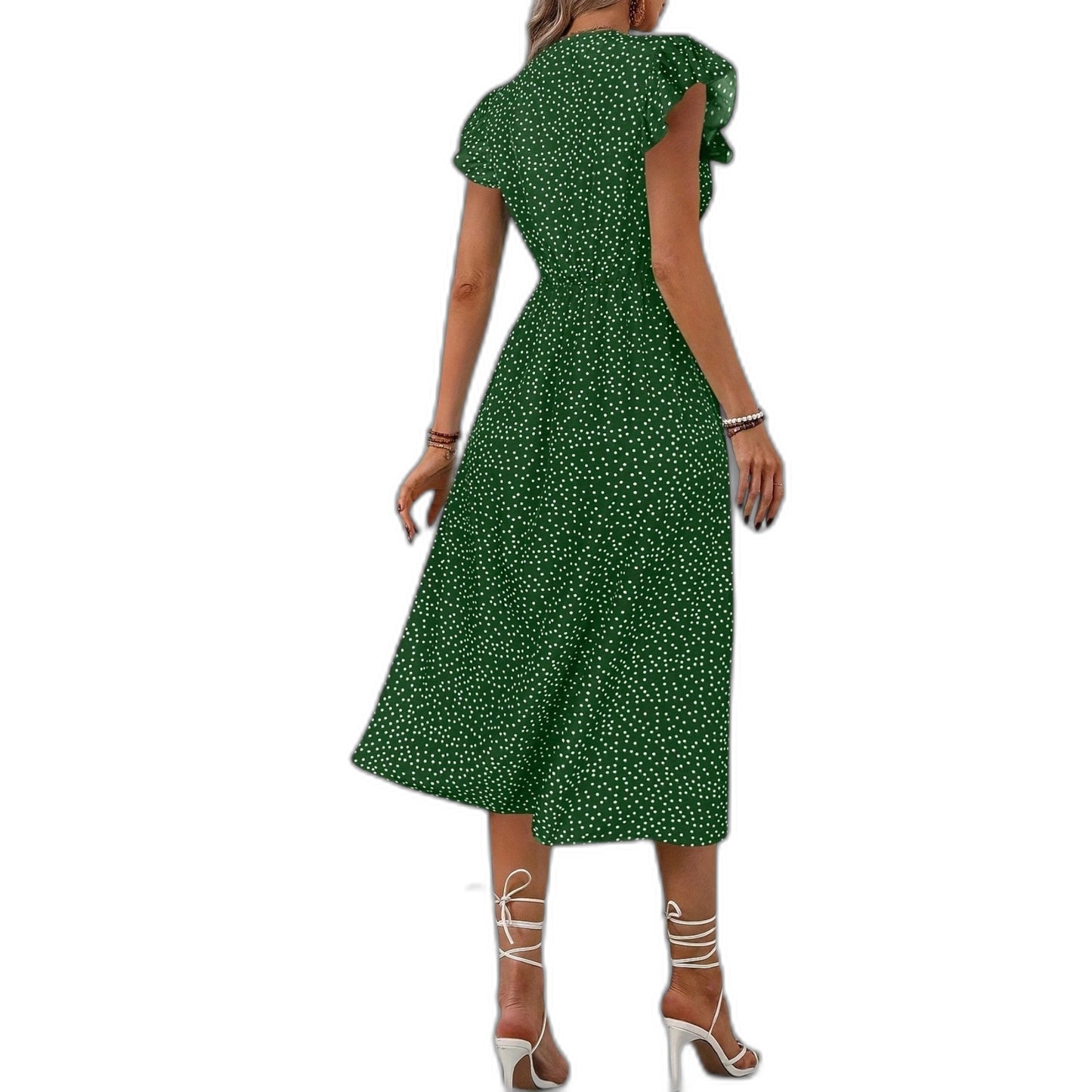Effortless Polka Dot Midi Dress for Women with V Neck Cap Sleeve A Line Button Front Flowing Casual Style
