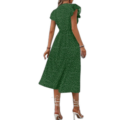 Effortless Polka Dot Midi Dress for Women with V Neck Cap Sleeve A Line Button Front Flowing Casual Style