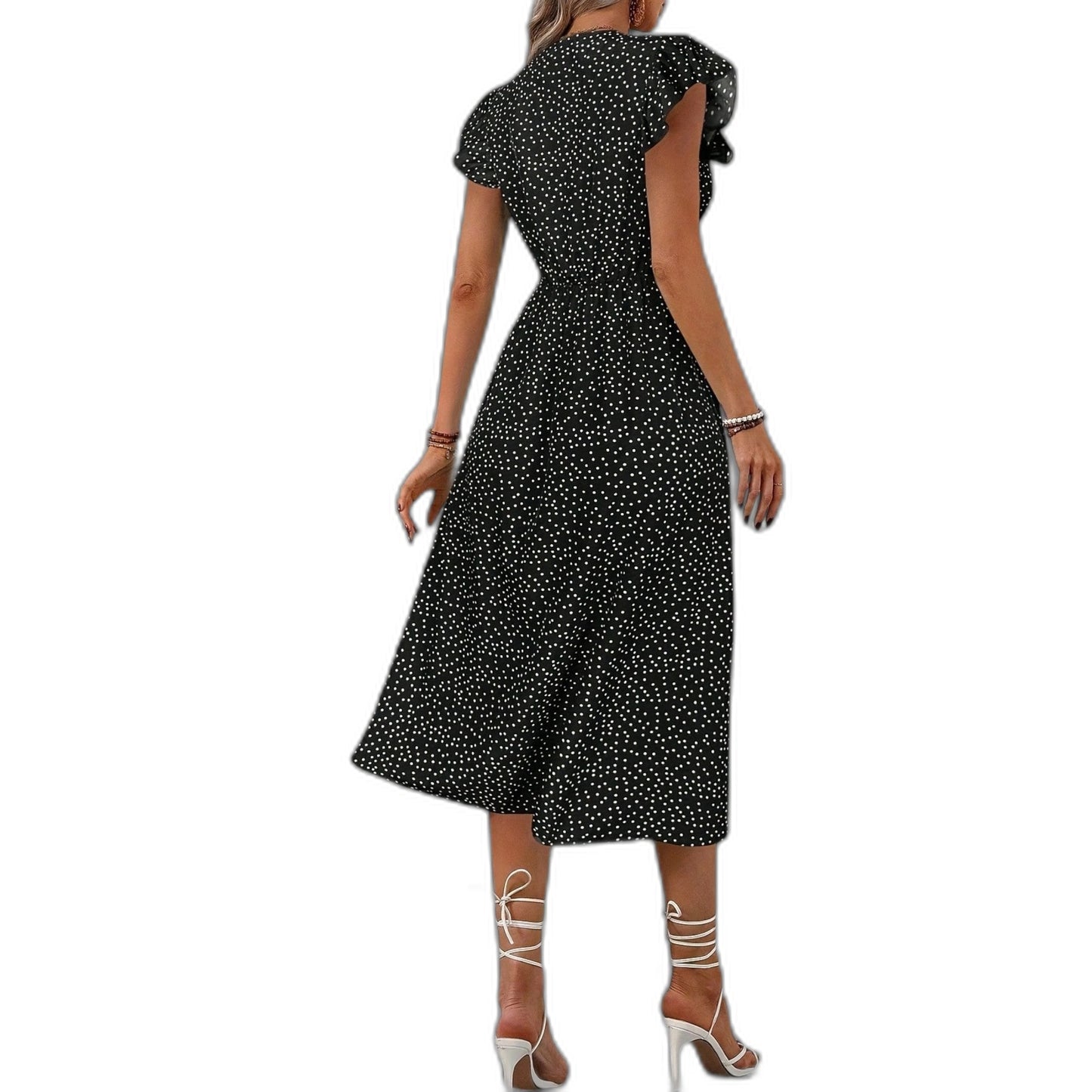 Effortless Polka Dot Midi Dress for Women with V Neck Cap Sleeve A Line Button Front Flowing Casual Style