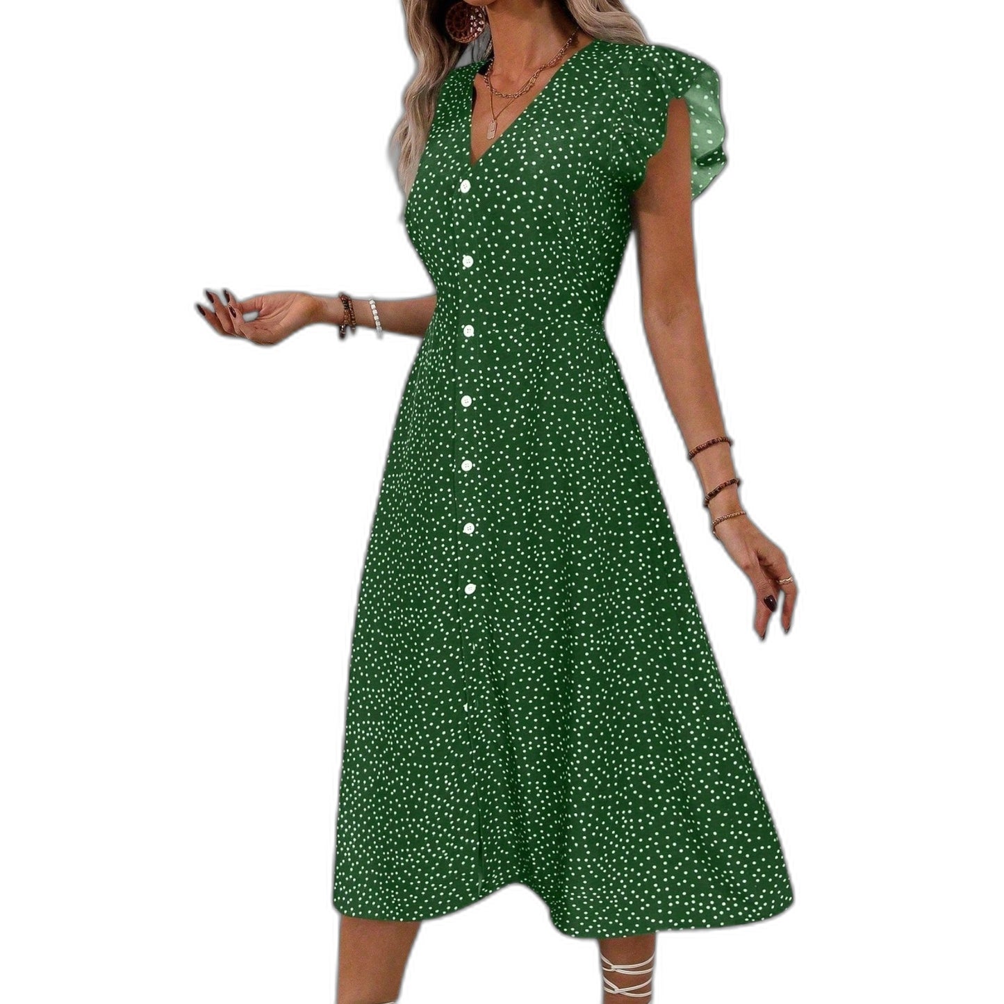 Effortless Polka Dot Midi Dress for Women with V Neck Cap Sleeve A Line Button Front Flowing Casual Style
