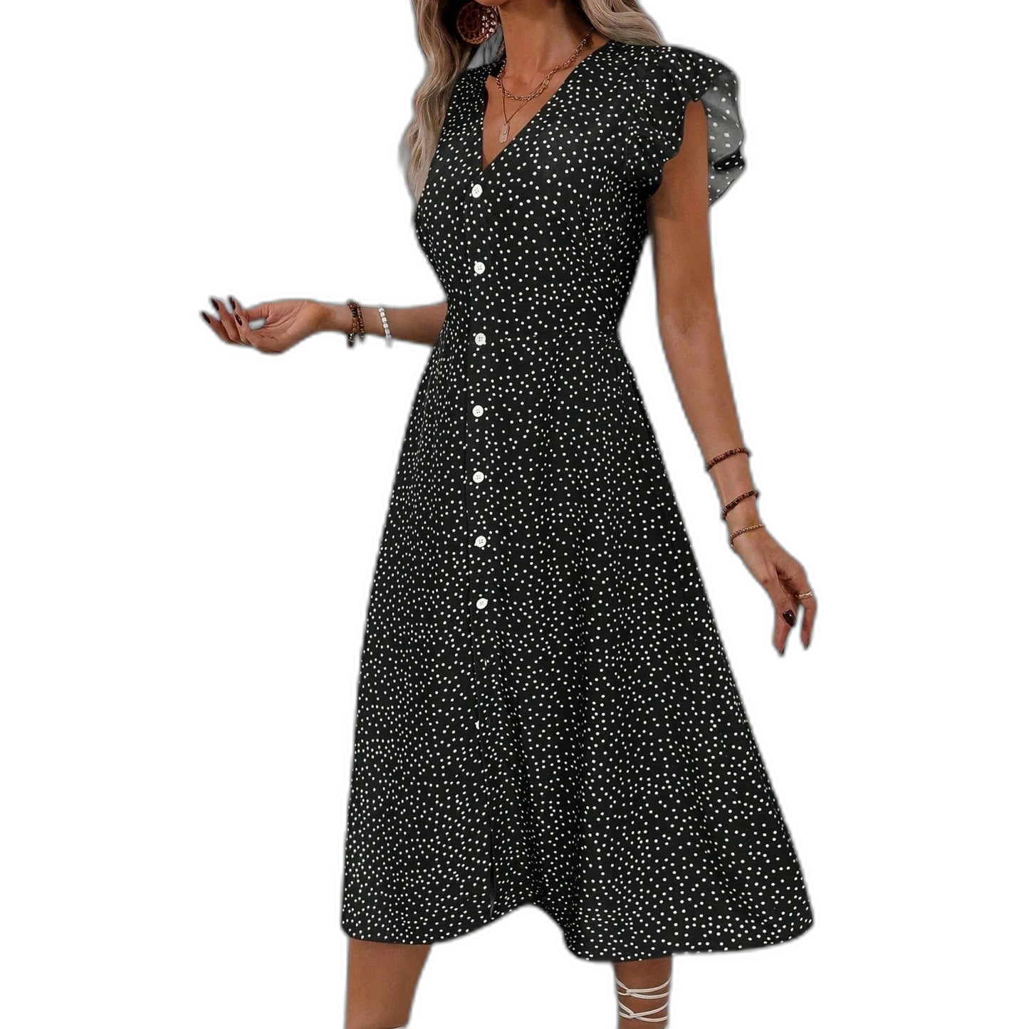 Effortless Polka Dot Midi Dress for Women with V Neck Cap Sleeve A Line Button Front Flowing Casual Style