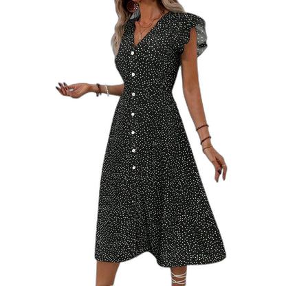 Effortless Polka Dot Midi Dress for Women with V Neck Cap Sleeve A Line Button Front Flowing Casual Style