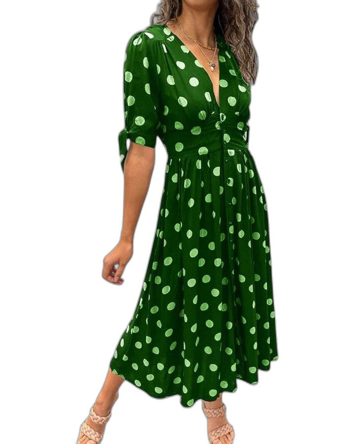 Effortless Polka Dot Midi Dress for Women with V Neck Short Sleeve Pleated Button Front Fit And Flare Casual Style