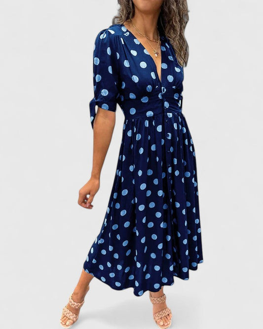 Effortless Polka Dot Midi Dress for Women with V Neck Short Sleeve Pleated Button Front Fit And Flare Casual Style