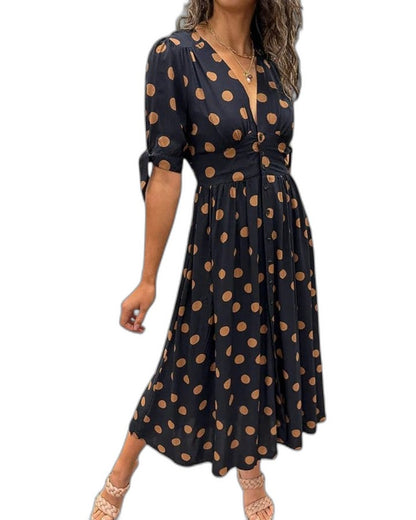 Effortless Polka Dot Midi Dress for Women with V Neck Short Sleeve Pleated Button Front Fit And Flare Casual Style